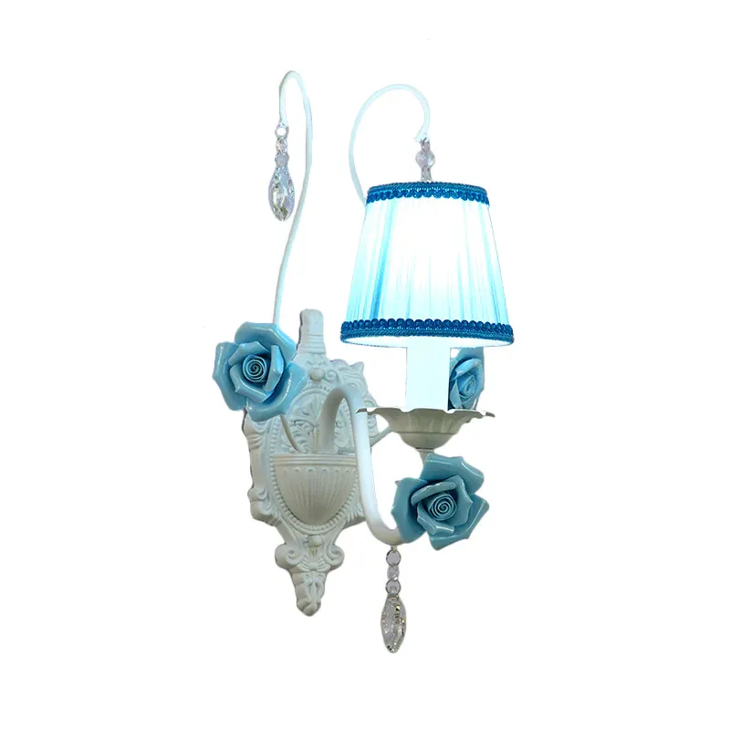 Schwerlast- Weiße 1/2-Kopf-Wandleuchte, romantische, pastorale, kegelförmige Wandleuchte aus Stoff mit klarem Kristalltr...