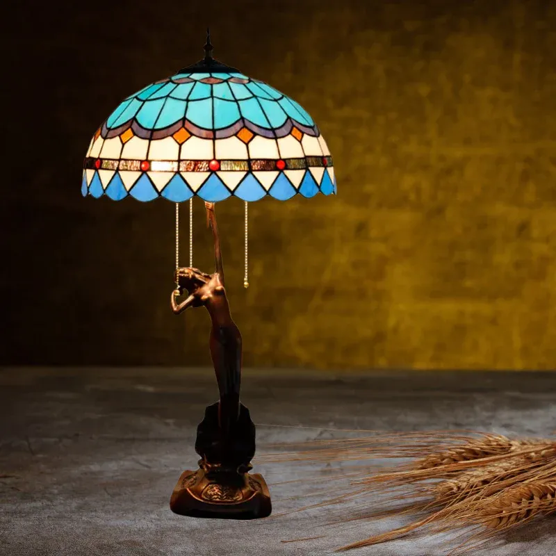 Stahlseil 3-Kopf-Nachttischlampe, mediterranes Ährchen, Beige/Tropfenrand, Blau und Weiß/Blumenblau und Braun, Tischleuc...