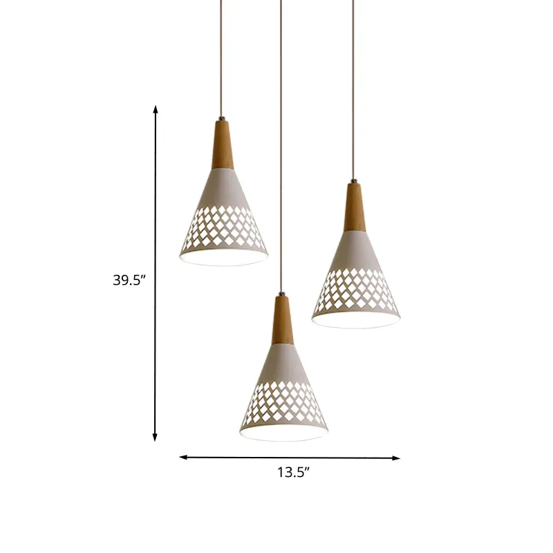 Stahlseil Eisenkegel-Cluster-Pendelleuchte Modernistische 3-Kopf-Hängelampe mit ausgehöhltem Gitterdesign Weiß und Holz