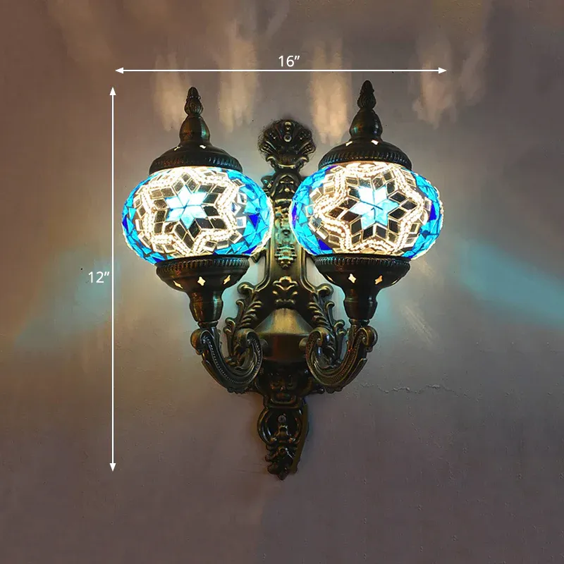 Traditionelle Kugel-Wandleuchte mit 2 Köpfen, Buntglas-Wandleuchte Weiß/Gelb/Himmelblau für Offroad-Einsatz
