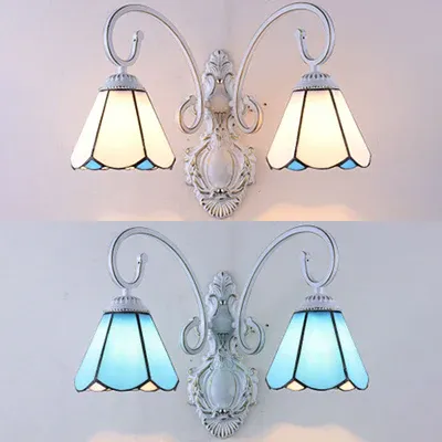 Vintage Retrostil Kegel-Wandbeleuchtung, Buntglas-Wandleuchte mit 2 Köpfen Weiß/Blau für Schlafzimmer mit 5t Zugkraft