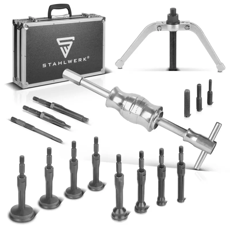 STAHLWERK Grundloch-Innenlager-Abzieher-Satz mit Gleithammer, 3 Adaptern und 10 Lager-Abziehern 16-teiliges Spezial-Werkze...