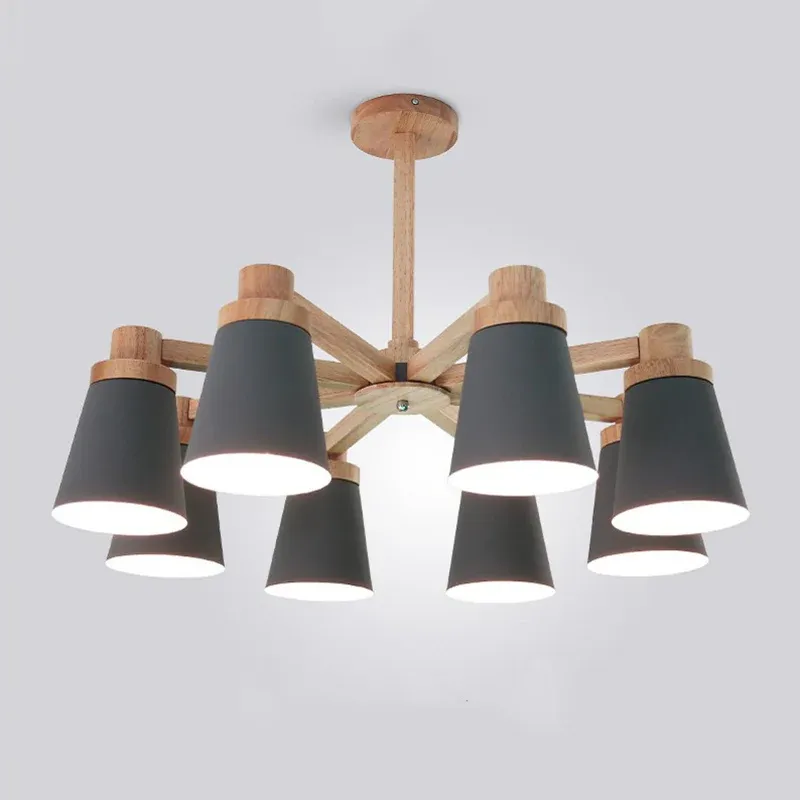 Unterfahr- Holz-Radial-Kronleuchter-Beleuchtung Simplicity 8-flammiges Pendelleuchten-Set mit fassförmigem Metallschirm