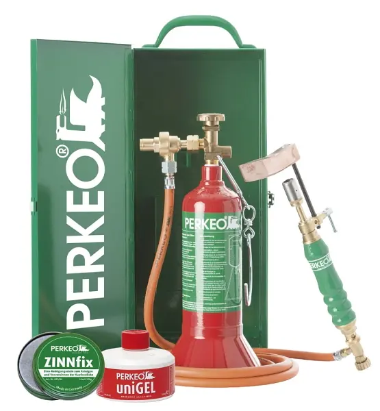 Perkeo EASY BOX Original Weichlötanlage im Set mit Stahlblechkasten nach GGVS und ZINNFIX UNIGEL und PERKEO-Cap M10x1 LH ...