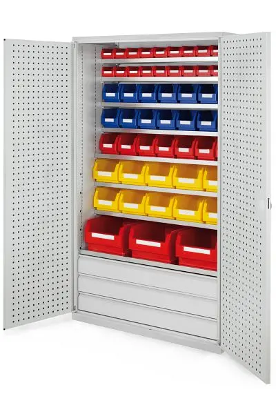 Kappes Großraum Schrank Modell 21 RAL 7035 1950 x 1130 x 590 mm Türinnenseite: RasterPlan Lochplatten 3 Schubladen unten...