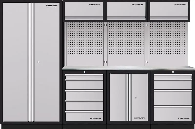 Kraftwerk 4-Element-Schrankwand mit Vierkantlochwand Edelstahl-Arbeitsplatte 3964GIX