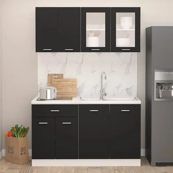 vidaXL 4-teilig Küchenzeile Schwarz Holzwerkstoff 3067656