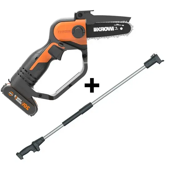 Akku-Handkettensäge Worx WG324E 20V 2 Ah + Verlängerungsschaft für Holz- und Gartenarbeiten