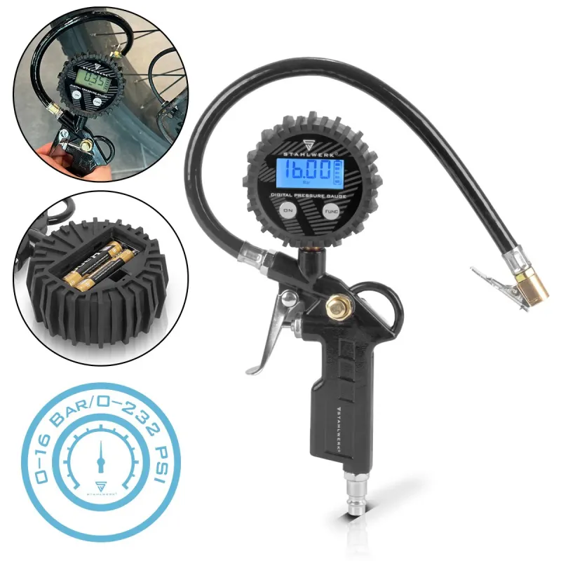 Steelworks Präzise compressed air tire pistol DRD-16 ST | Compressed air tire filler digital manometer | Tire pressure te...