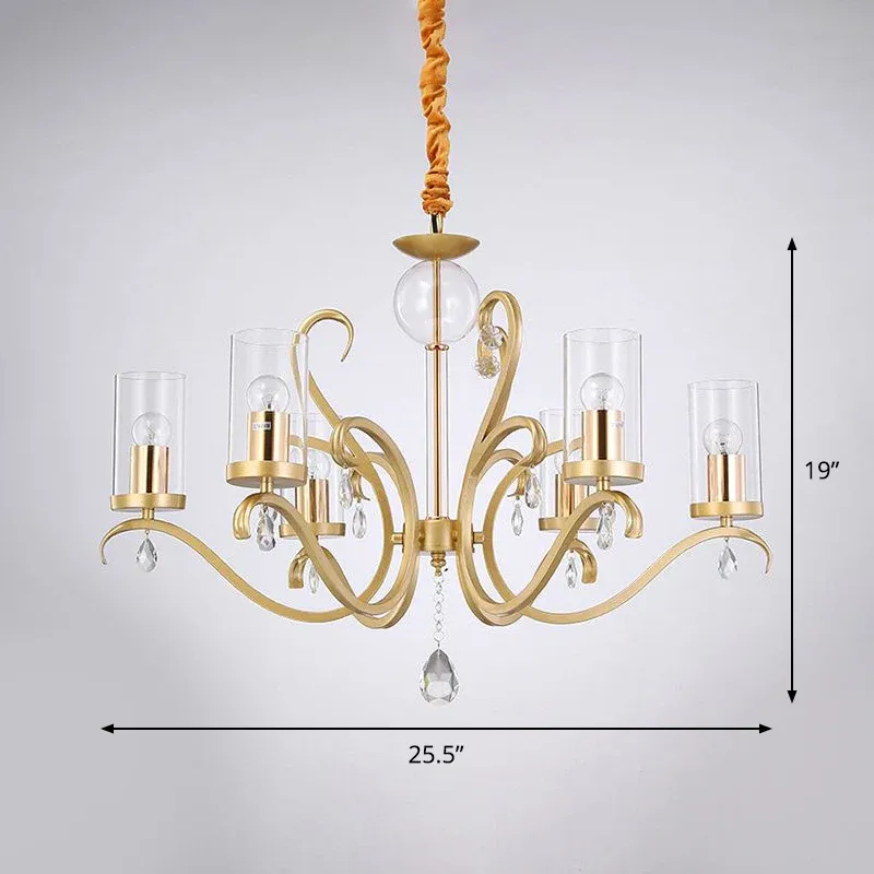 Zylinder-Hängelampe, minimalistischer Kronleuchter aus klarem Glas, 6 Köpfe, goldfarben, mit Kristalltropfen