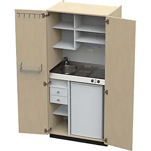 Schrankküche mit Flügeltüren, 2 Glaskeramikkochfelder, Becken links, Birke, 1956x900x650 mm.