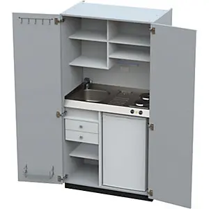 Schrankküche mit Flügeltüren, 2 Massekochfelder, Becken links, grau, 1956x1000x650 mm.