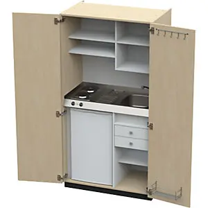 Schrankküche mit Flügeltüren, 2 Massekochfelder, Becken rechts, Birke, 1956x1000x650xmm.