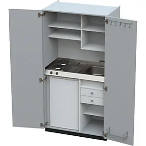 Schrankküche mit Flügeltüren, 2 Massekochfelder, Becken rechts, grau, 1956x1000x650 mm.