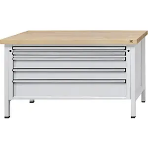 Werkbank mit XL/XXL-Schubladen, Gestellbauweise, Breite 1500 mm, 5 Schubladen, Buchemassivplatte, Front lichtgrau.