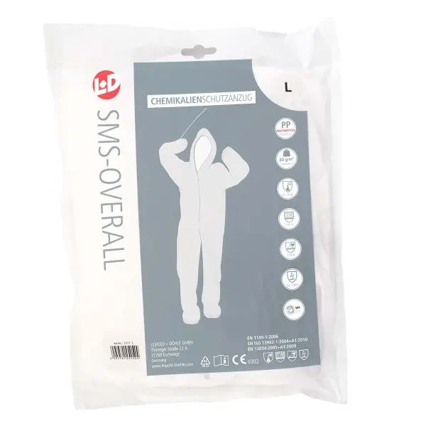 L+D CleanGo SMS-Overalls weiß 60gr/qm antistatisch Kapuze und Gummizug Klasse 3 Grösse: L VE: 10 Stück 2515-L