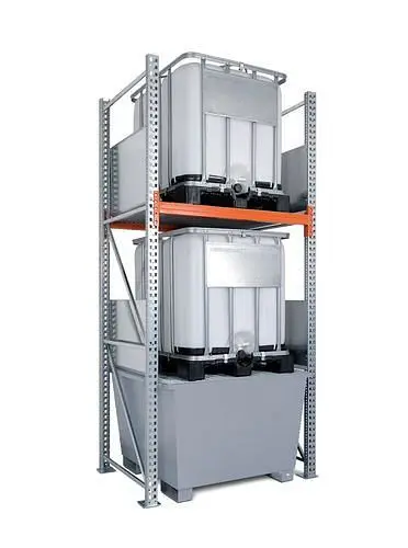 DENIOS Combi-Regal 3 K2-I mit verzinkter Auffangwanne für 2 IBC à 1000 Liter Grundfeld 201878