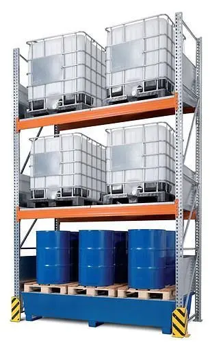 DENIOS Combi-Regal 4 K6-I mit lackierter Auffangwanne für 6 IBC à 1000 Liter Grundfeld 200023