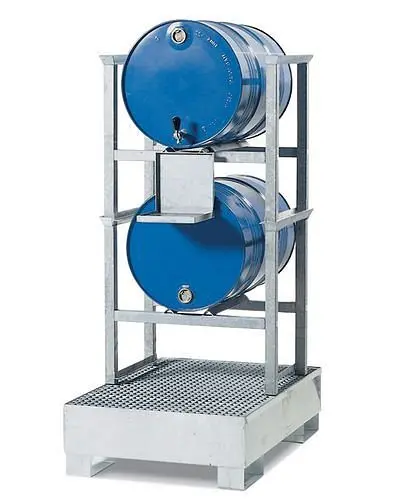 DENIOS Fassregal AWS 9 für 2 Fässer à 200 Liter Auffangwanne aus Stahl Kannenträger verzinkt 114452