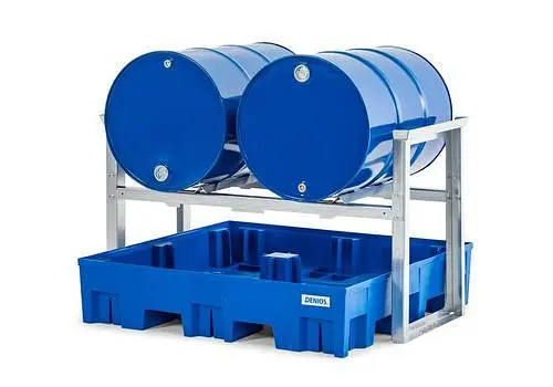 DENIOS Fassregal für 2 Fässer à 200 Liter mit Kunststoffwanne 1429 x 1235 x 837 mm 291783
