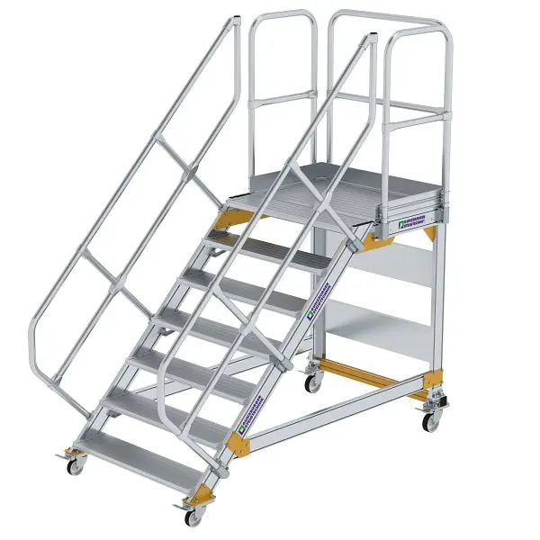 Munk Günzburger Steigtechnik Plattformtreppe 45° fahrbar Stufenbreite 1000 mm 7 Stufen Alukleinformatum geriffelt 600807