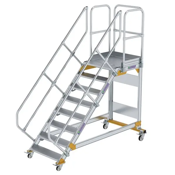 Munk Günzburger Steigtechnik Plattformtreppe 45° fahrbar Stufenbreite 800 mm 8 Stufen Alukleinformatum geriffelt 600788