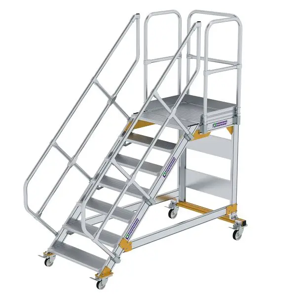 Munk Günzburger Steigtechnik Plattformtreppe 45° fahrbar Stufenbreite 800 mm 7 Stufen Alukleinformatum geriffelt 600787