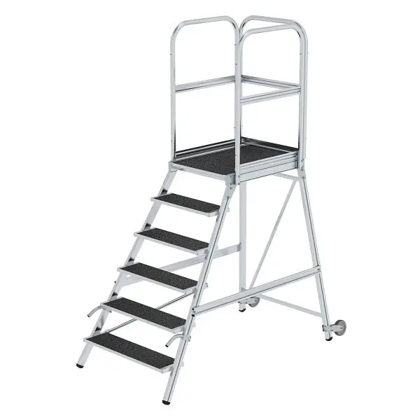 Munk Günzburger Steigtechnik Podesttreppe einseitig begehbar mit Rollen &amp; Handhabungen Korundbeschichtung R13 6 S...
