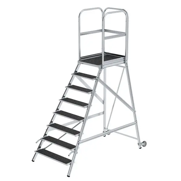 Munk Günzburger Steigtechnik Podesttreppe einseitig begehbar mit Rollen &amp; Handhabungen Korundbeschichtung R13 8 S...