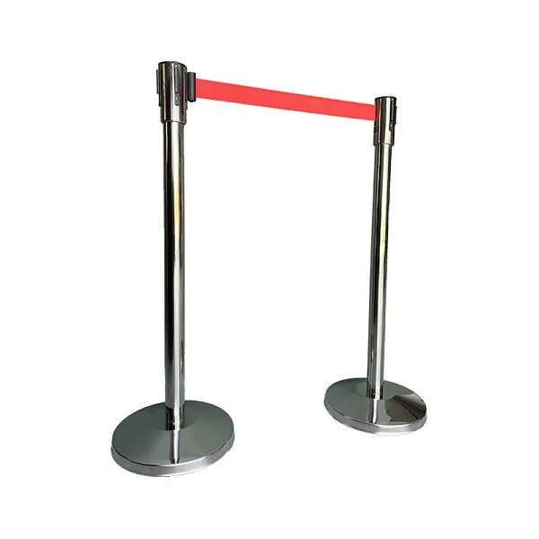 Essentials Absperrpfosten Chrome Edelstahl mit Rot Gurt Absperrlänge 200 cm Fuß Ø 32cm Pfosten Ø 5cm Höhe 99 cm 85 kg...