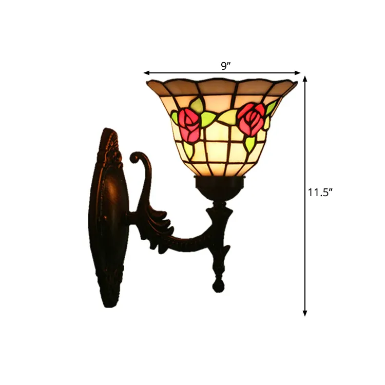 Ausgestellte Wandleuchte, 1 Glühbirne, Buntglas, Wandleuchte im Tiffany-Stil Rot/Rosa/Blau mit Blumenmuster mit erhöhter...