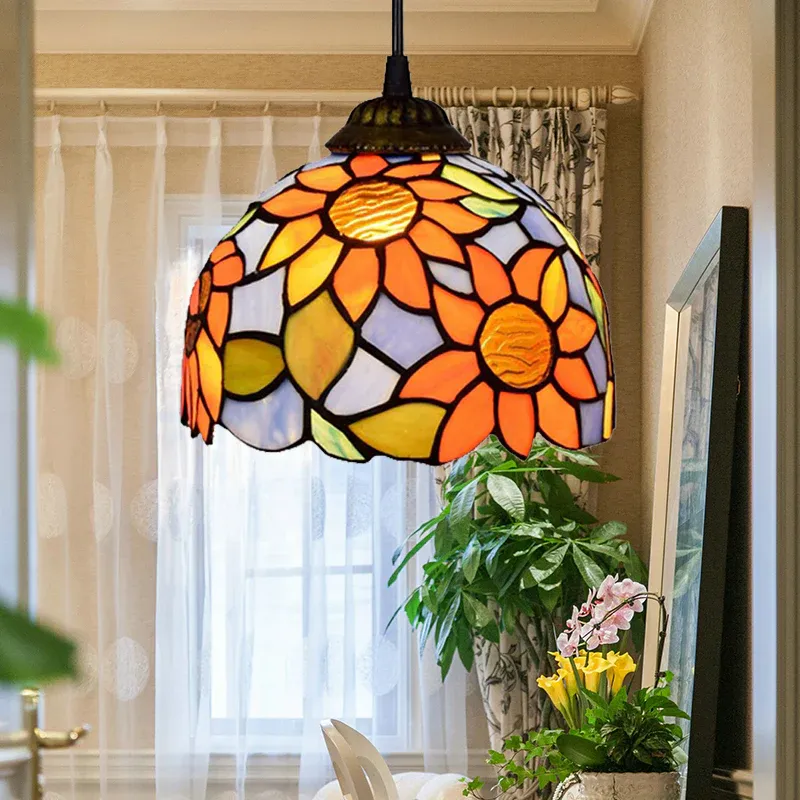 Breitband- Hängeleuchte mit 1 Glühbirne im Tiffany-Stil, gewölbte Hängeleuchte aus orange-blauem Buntglas
