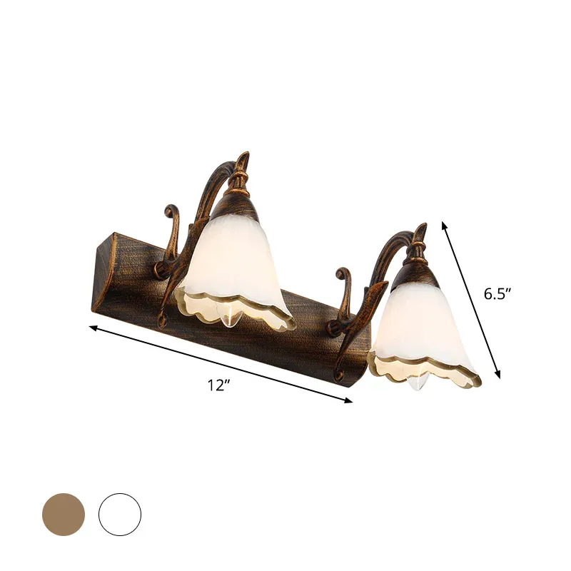 E-geprüft & TÜV Florale Opalglas-Wandleuchte, einfache 2/3-Licht-Wandleuchte Bronze/Altweiß mit gebogenem Arm