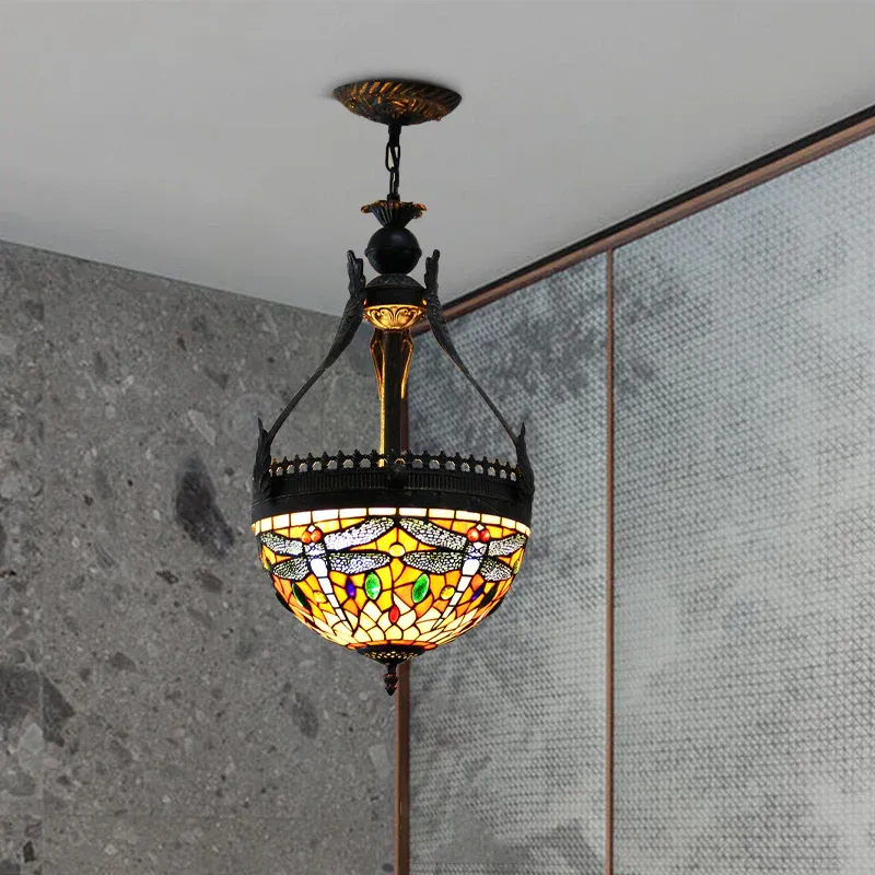 Hochwertige OEM Libellen-Kronleuchter aus Buntglas, mediterran, 3 Lichter, orange/grün, hängender Anhänger