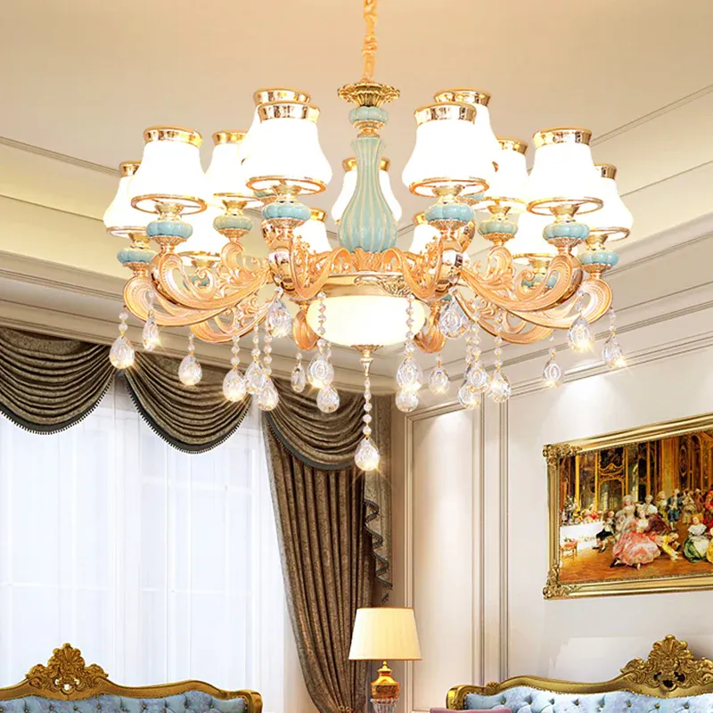 Kennzeichen- Goldfarbener Kronleuchter aus mundgeblasenem Glas, Retro-Pendelleuchte mit Kristallakzent