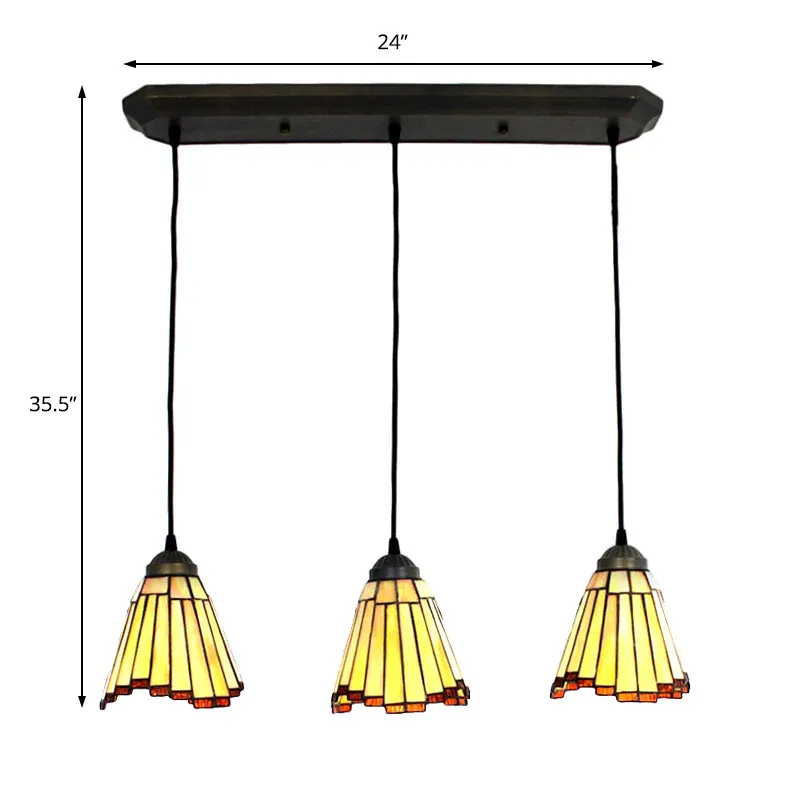 Konische Cluster-Pendelleuchte mit 3 Glühbirnen, sandfarben, handgefertigte Hängeleuchte aus Buntglas im Tiffany-Stil 2e...