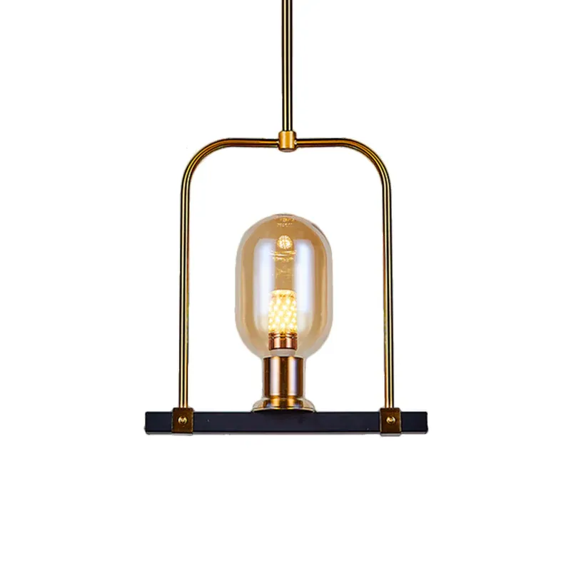 LED-Ersatz- Ovale Pendelleuchte, postmodernes Bernsteinglas, einzelne Glühbirne, schwarz-goldenes Hängeleuchten-Set mit ...