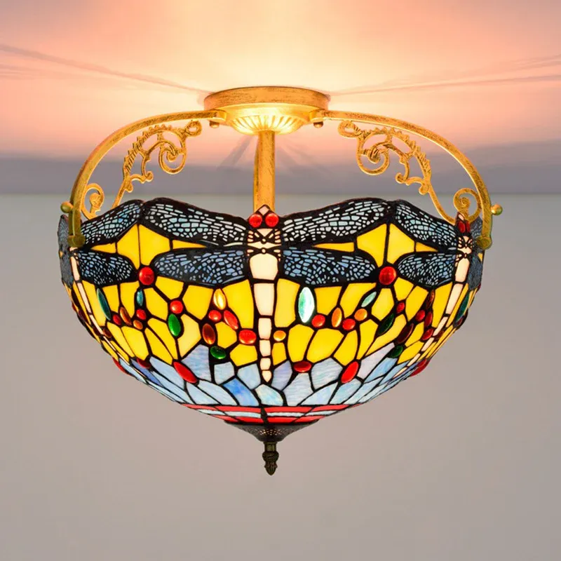 Libelle aus geschliffenem Glas, halbbündige Montage, mediterrane Deckenleuchte mit 3 Lichtern, Gelb/Orange/Blau, für den...