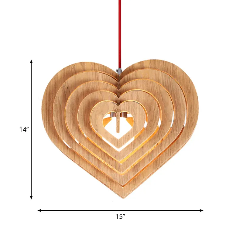 Zeitgenössische Pendelleuchte „Wood Loving Heart“, 1 Glühbirne, hellbraun, zum Aufhängen über dem Tisch