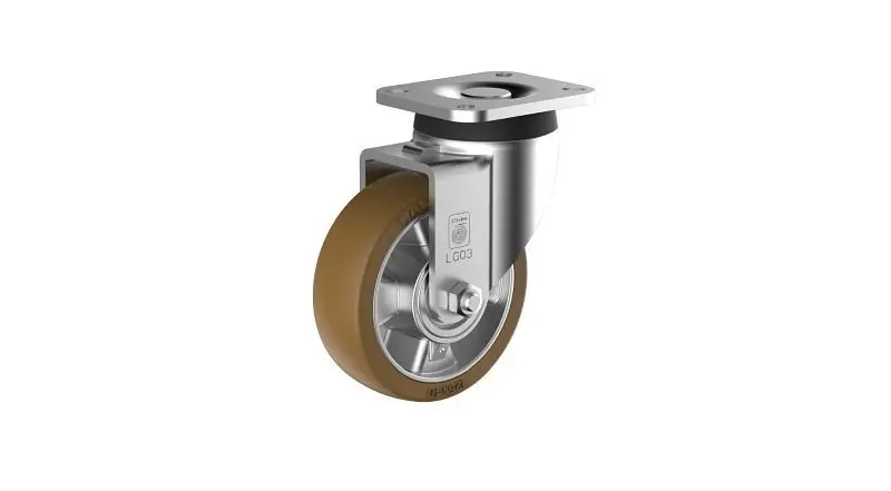 Wicke Schwerlast-Lenkrolle mit braunem Topthane® 92 Shore Polyurethanereifen auf hochwertiger Druckgussalukleinformatumfe...