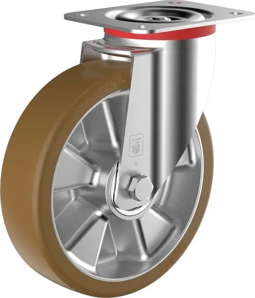 Wicke Schwerlast-Lenkrolle mit braunem Topthane® 92 Shore Polyurethanereifen auf hochwertiger Druckgussalukleinformatumfe...
