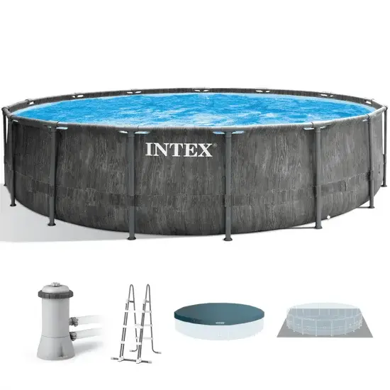 Intex Prisma Frame Greywood 26742NP - Runder Pool mit Skimmer und Bodensauger
