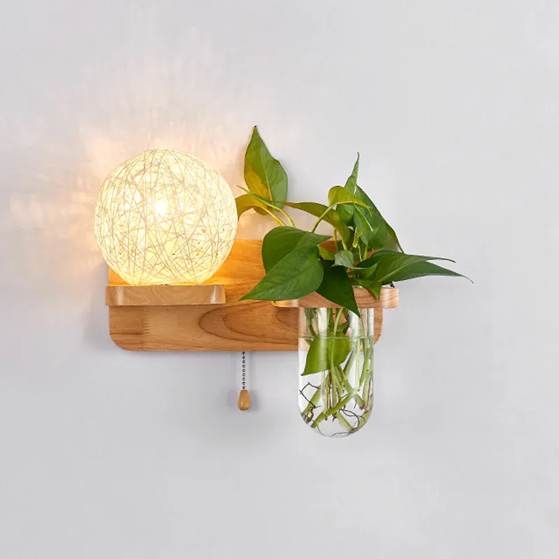 Kugelförmige Nachttischleuchte aus Rattan, 1-Licht, moderne Wandleuchte mit Zugkette aus Holz für Dachgepäckträger