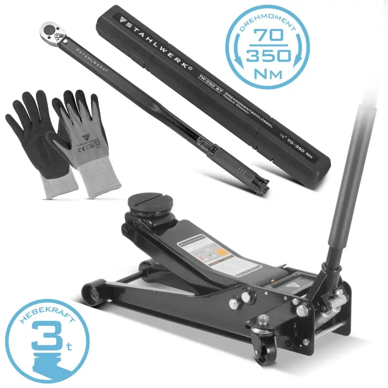 Steel mill tire change set Essentiell extra flat 3 t shunting car lifter 75-510 mm lifting area, torque wrench 70-350 Nm a...
