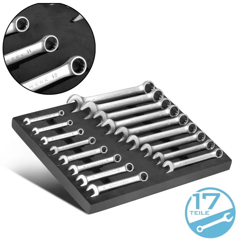 Steelworks 17-part wrench set foam insert | workshop car | Ring and fork key set | All common sizes | Practical tool car i...