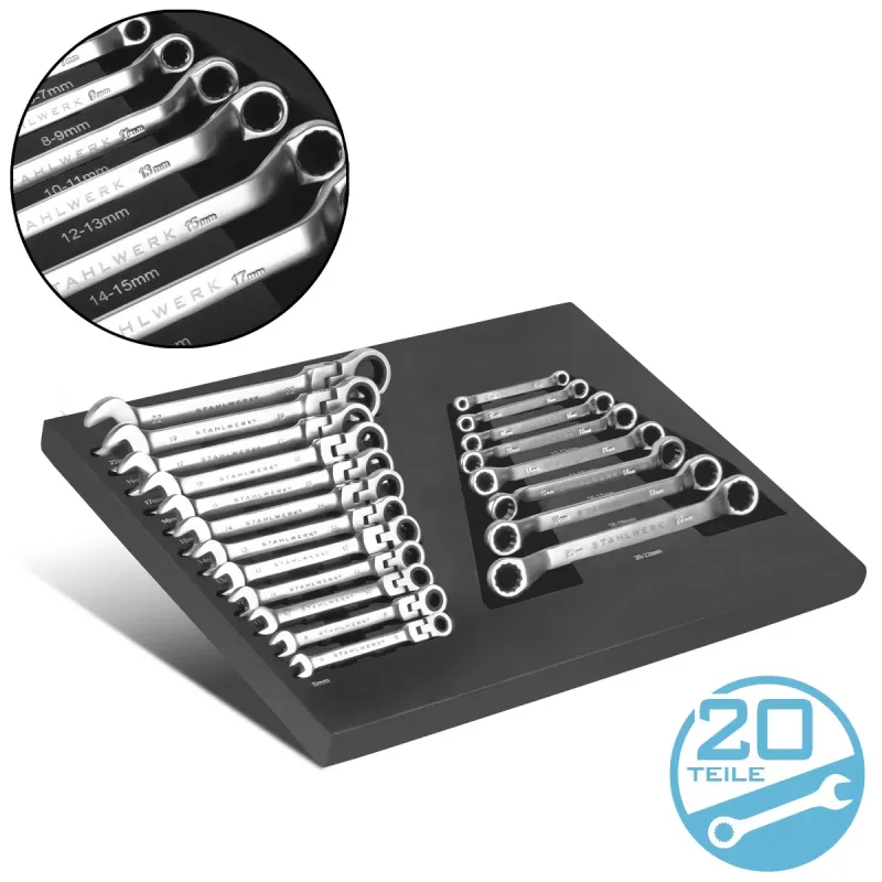 Steelworks 20-part wrench set foam insert | workshop car | Torque wrench and ring key set | Including tiltable mouth key |...