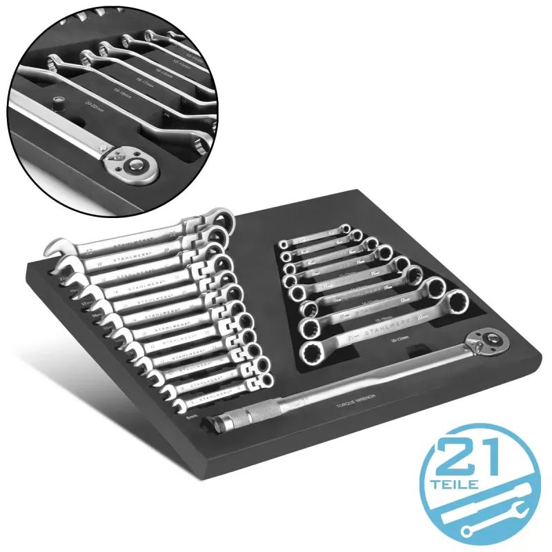 Vierkant-Rad- Steelwork 21-piece wrench set foam insert | workshop trolley | torque wrench and ring key set | Including ti...