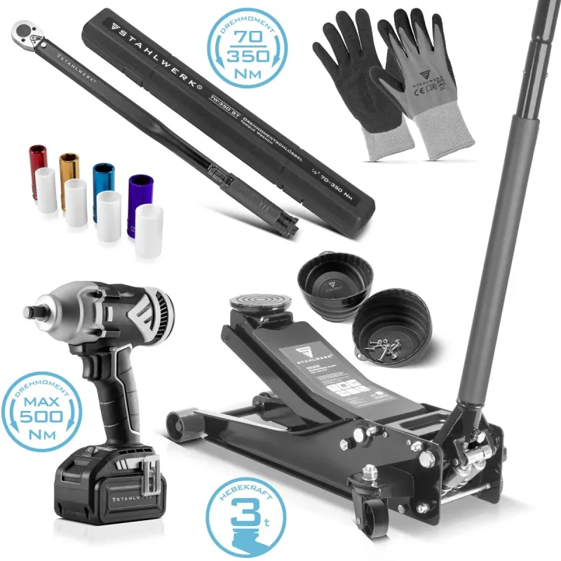 Vierkant-Rad- Steelworks tire change set Pro consisting extra flat shunting car spank, rotary screwdriver, torque wrench, ...