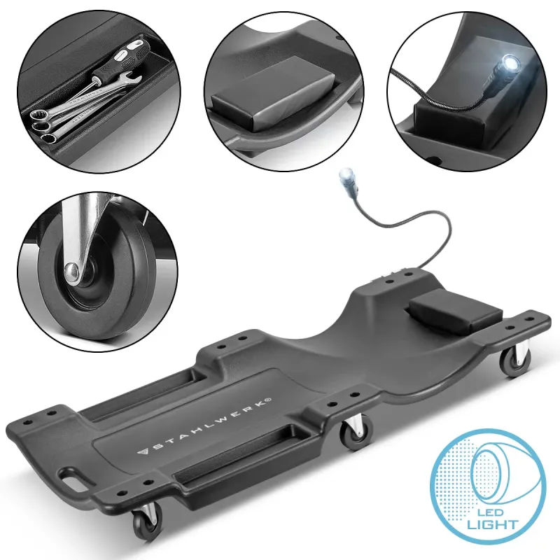 STAHLWERK Kfz-Rollbrett RCL-40 ST mit integriertem LED-Licht, 500 kg Tragkraft und 6 beweglichen Rollen, Montagerollbrett ...