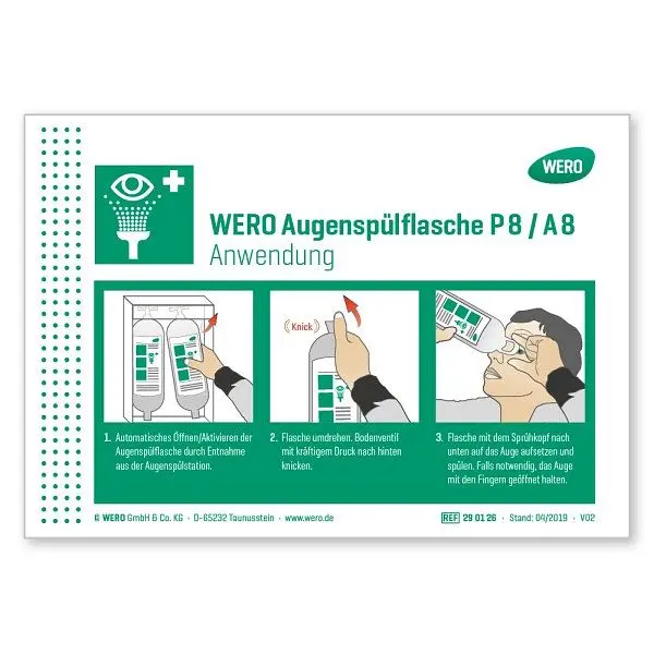 WERO Schild: Anwendung Augenspülflasche Modell P8 / A8 290126